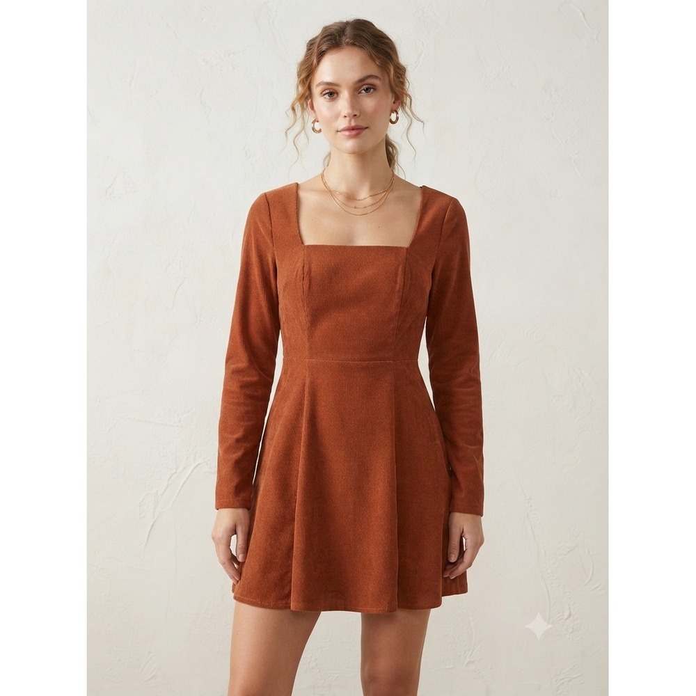 Audrey Parks‎ Francesca's Rust Corduroy Square Neck Mini Dress ZULLY F29I Small